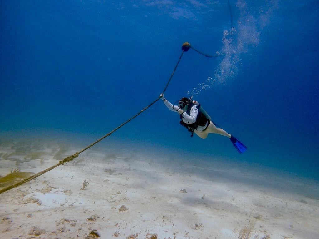 Scuba diver holding a mooring line on the sandy seafloor in the crystal-clear blue waters of Cozumel